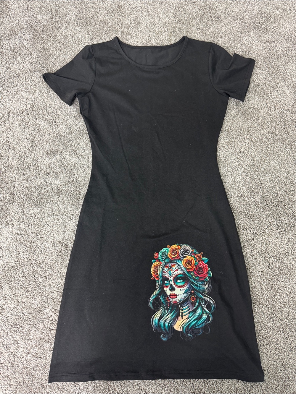 Black Short Sleeve Dress with Colorful Sugar Skull Print